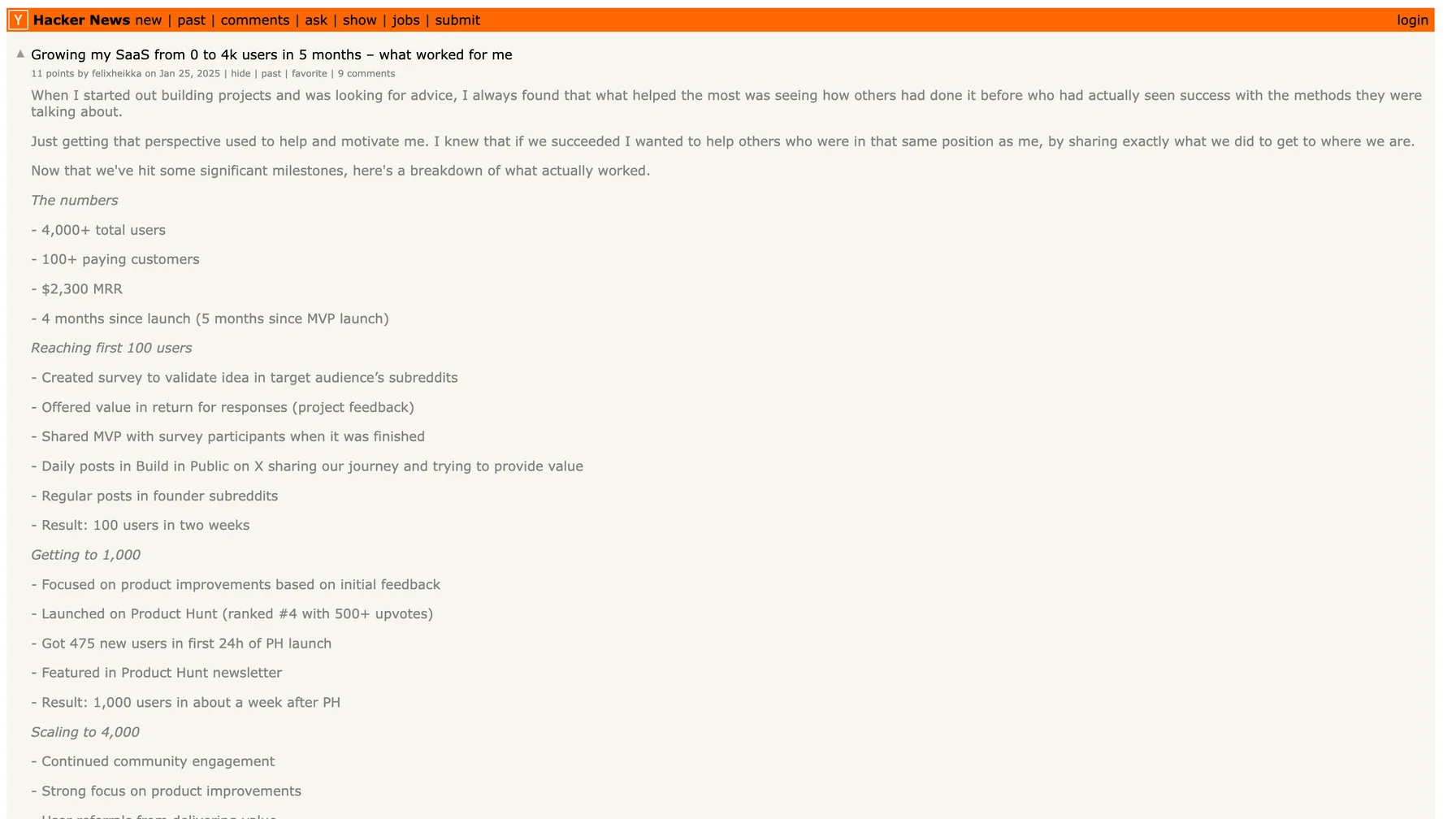Felix Heikka 在 Hacker News 公开的早期用户增长复盘