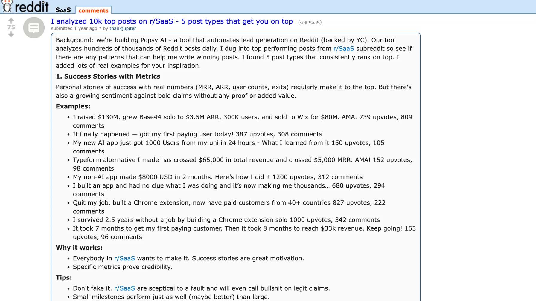 Popsy AI 在 Reddit 公开的高互动帖子分析